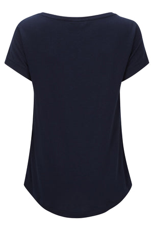 Merino Wool and Tencel™ short sleeve t-shirt top, in deep navy colour. Over sized style tee, loose flattering drape, feminine boat neck, wit...