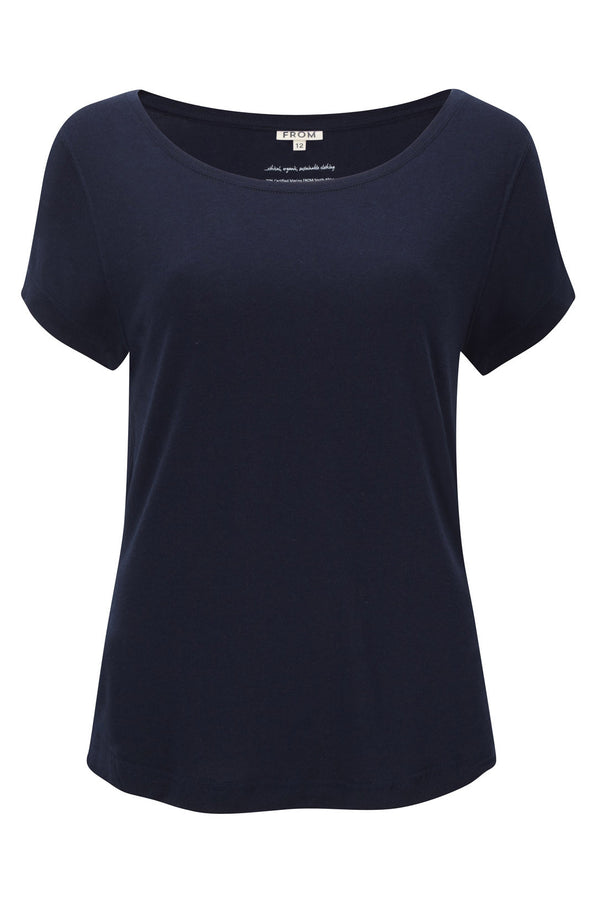 Merino Wool and Tencel™ short sleeve t-shirt top, in deep navy colour. Over sized style tee, loose flattering drape, feminine boat neck, wit...