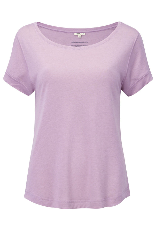 Merino Wool Tencel short sleeve t-shirt top, in light pink. Over sized style tee, loose flattering drape, feminine boat neck, with gentle scooped hem. LONGER at rear giving great bottom coverage!